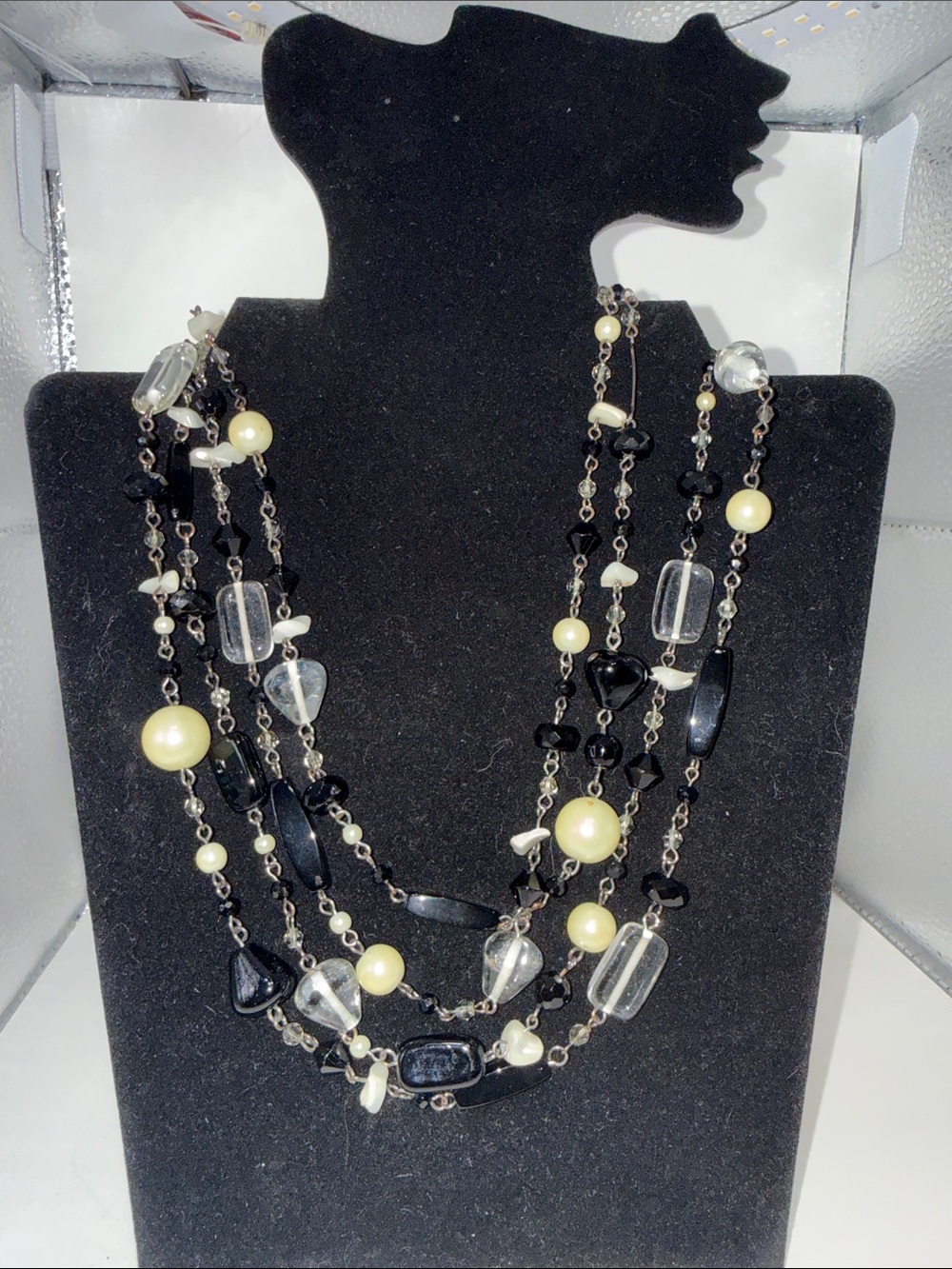 Lia Sophia Multistrand Black, Clear & Pearl Beaded Necklace
